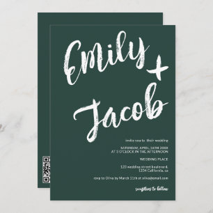 Invitación Boda de código qr verde de nombres de pincel moder