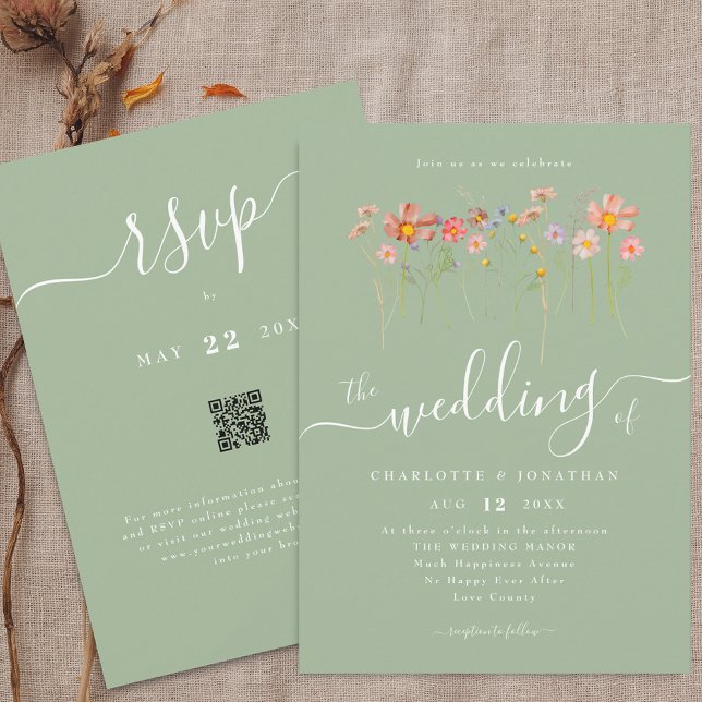 Invitación Boda de código QR verde del Boho Fall (Boho fall Wildflower floral sage green Wedding qr code invitation Whimsical elegant modern script)