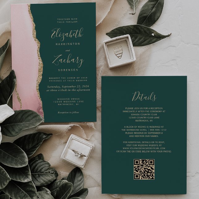Invitación Boda de código QR verde esmeralda de Rubor Gold Ag (Subido por el creador)