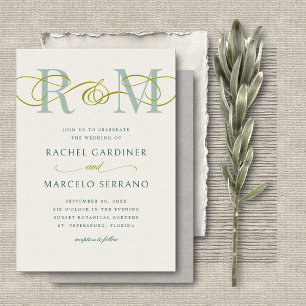 Invitación Boda de código QR verde oliva monograma