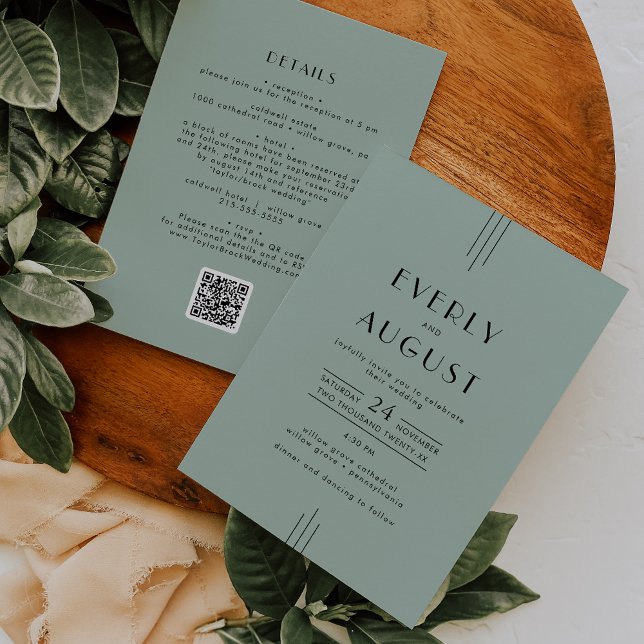 Invitación BODA de código QR verde Sage de estilo Art Deco mo (EVERLY Modern Art Deco Sage Green QR Code Wedding Invitation)