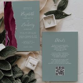 Invitación Boda de código QR verde sage del Agate de Plata Bo