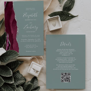 Invitación Boda de código QR verde sage del Agate de Plata Bo