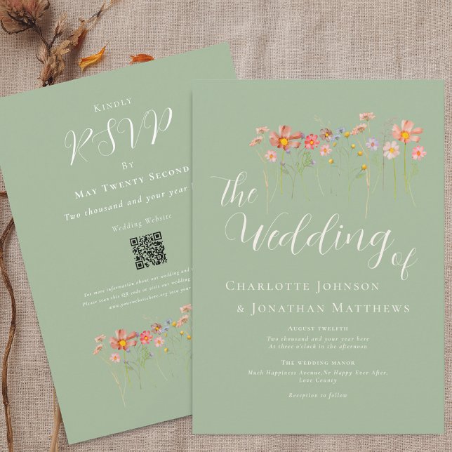 Invitación Boda de código QR verde silvestre Meadow Sage (Boho fall Wildflower meadow sage green Wedding qr code invitation Elegant script modern watercolor)