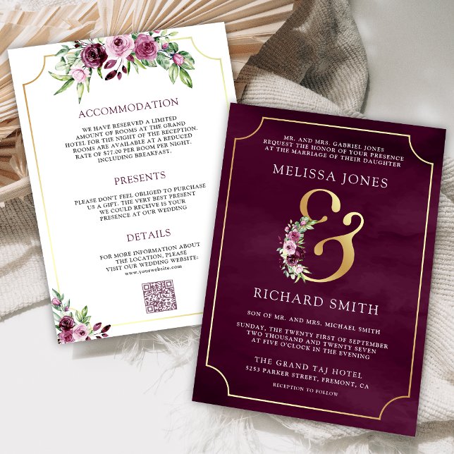 Invitación Boda de código QR y Ampersor Floral de ciruela ros (Subido por el creador)