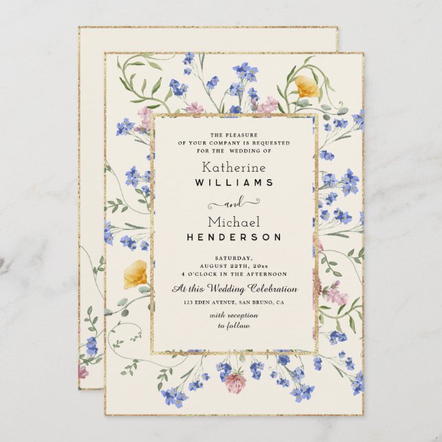 Invitación Boda de código QR y Flor silvestre botánica de col (Anverso / Reverso)