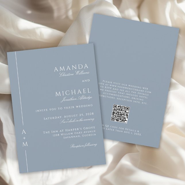 Invitación Boda de código Sencillo Dusty Blue Elegant Monogra (Available in both printed and instant download digital formats.)