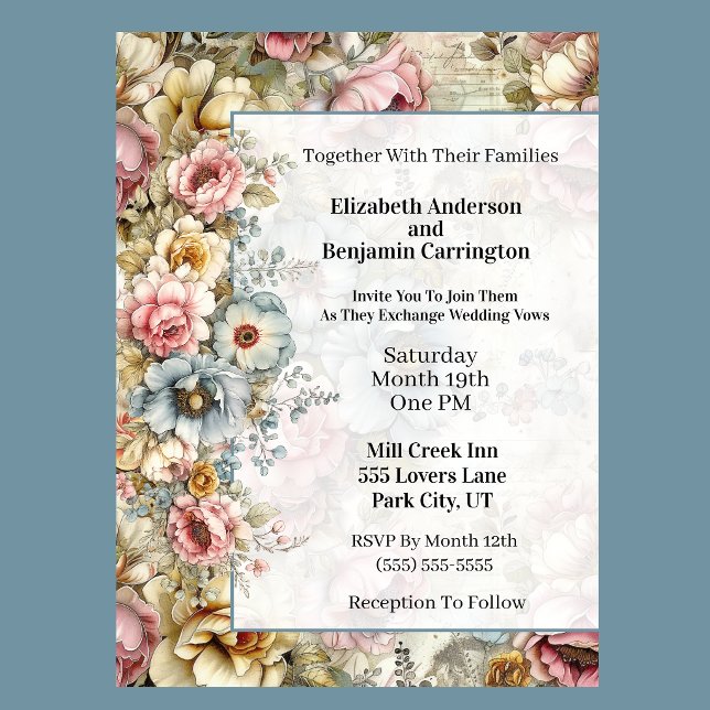 Invitación Boda de Colage Floral Precioso (Vintage floral wedding invitation with watercolor flowers and romantic botanical design
)