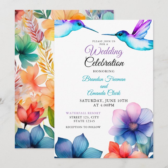 Invitación Boda de colibrí acuarela colorida (Anverso / Reverso)
