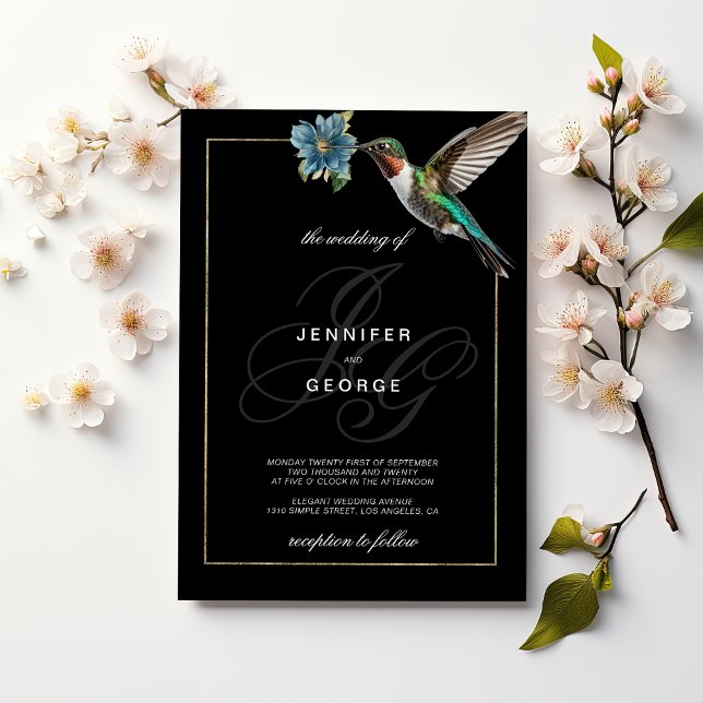 Invitación Boda de colibrí de orujo negro con monograma (Black gold monogram initials hummingbird wedding)