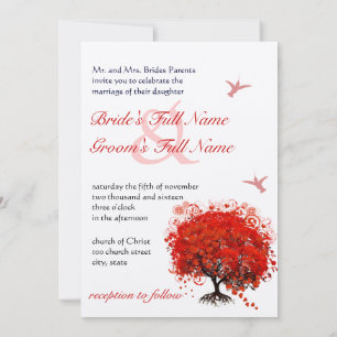 Invitación Boda de colibrí del árbol de hoja de corazón rojo