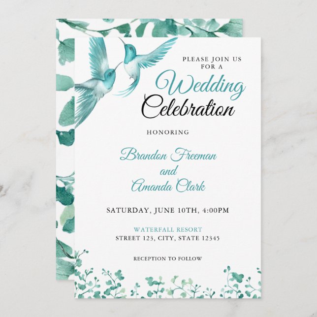 Invitación Boda de colibrí floral Verde azulada acuarela (Anverso / Reverso)