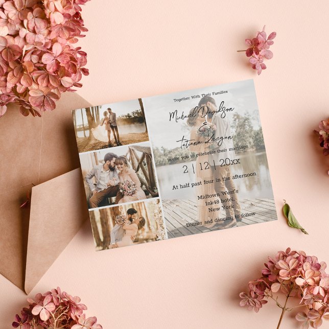 Invitación boda de collage de cuatro fotos con estilo de escr (Subido por el creador)
