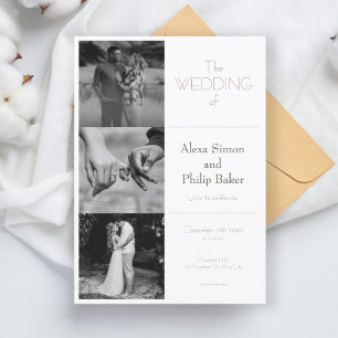 Invitación Boda de collage de fotografías Mínimas en Blanco y