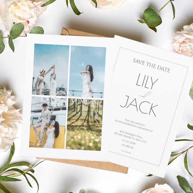 Invitación Boda de Collage de fotos de amor de romance blanco (1)