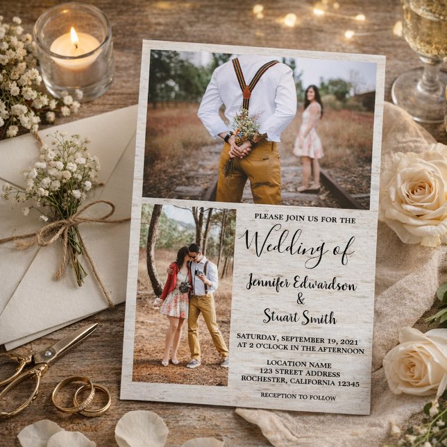 Invitación Boda de collage de fotos de madera de granero rúst (Create your own rustic country barn wood photo collage wedding invitation.)