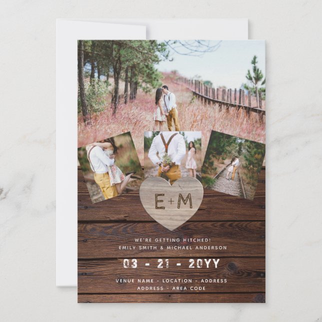 Invitación Boda de COLLAGE DE FOTOS del corazón grabado en ma (Anverso)