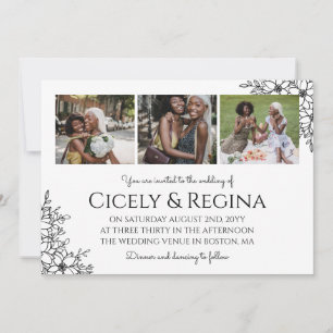 Invitación Boda de Collage de fotos floral blanco negro