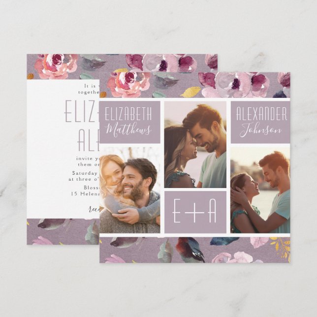 Invitación Boda de Collage de fotos floral Lilac moderno (Anverso / Reverso)