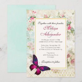 Invitación Boda de collage de mariposa rosa y rosa vintage
