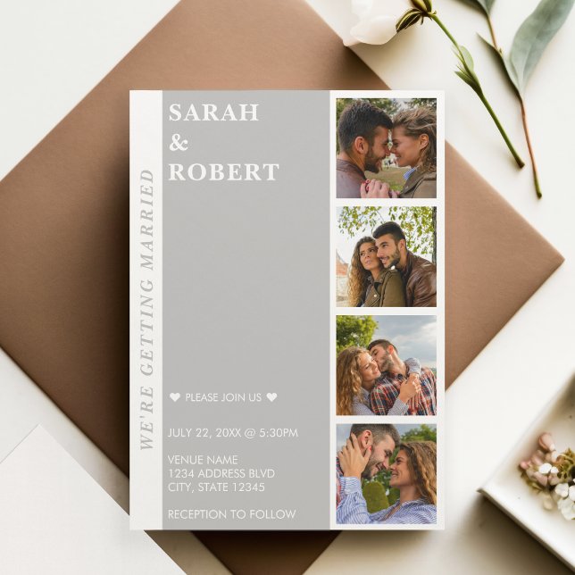 Invitación Boda De Collage Gris Y Blanco (Grey & White Photo Booth Collage Wedding Invitation)