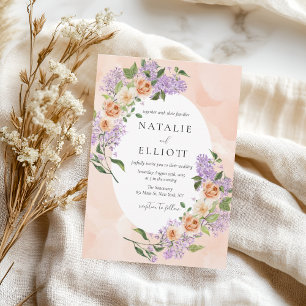 Invitación Boda de color acuático floral morado y melocotón