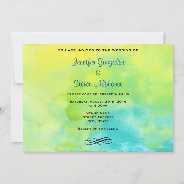Invitación Boda de color azul amarillo y turquesa (Anverso)