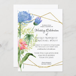 Invitación Boda de color azul floral moderno geométrico