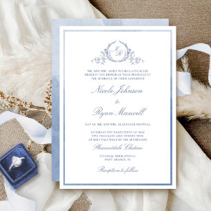 Invitación Boda de color azul turbio monograma clásico