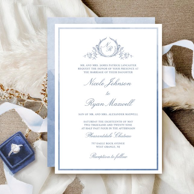 Invitación Boda de color azul turbio monograma clásico (Subido por el creador)
