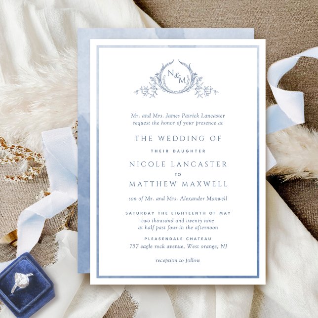 Invitación Boda de color azul turbio monograma formal (Subido por el creador)