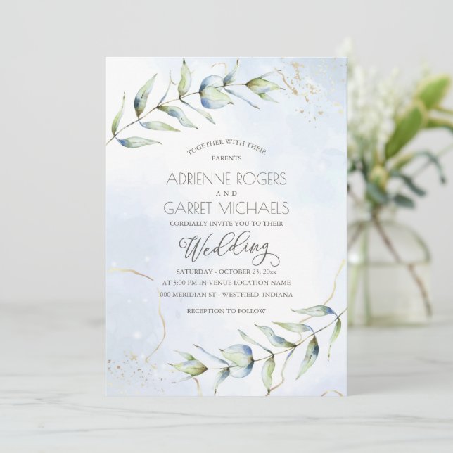 Invitación Boda de color azul y eucalipto dorado (Anverso de pie)
