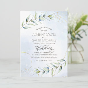 Invitación Boda de color azul y eucalipto dorado