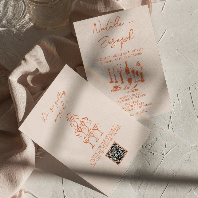 Invitación Boda de color brillante con mano retro de código Q (Subido por el creador)