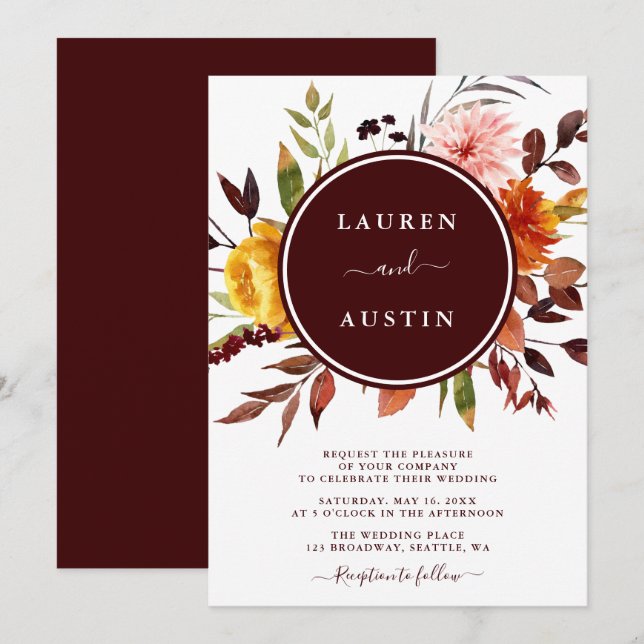 Invitación Boda de color burdeos del jardín de otoño (Anverso / Reverso)