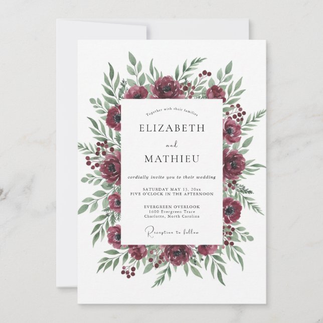Invitación Boda de color burdeos y peonía oliva (Anverso)