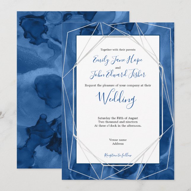 Invitación Boda de color de agua azul/líneas de plata geométr (Anverso / Reverso)