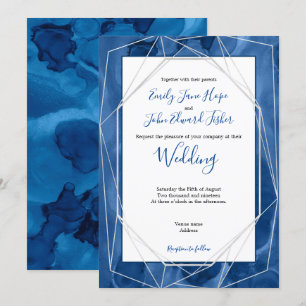 Invitación Boda de color de agua azul/líneas de plata geométr