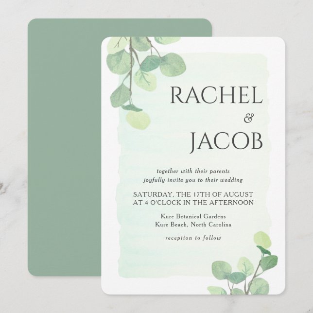 Invitación Boda de color de agua Eucalyptus Greenery (Anverso / Reverso)