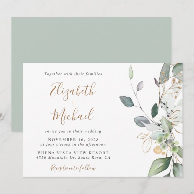Invitación Boda de color de agua Eucalyptus Greenery (Anverso / Reverso)