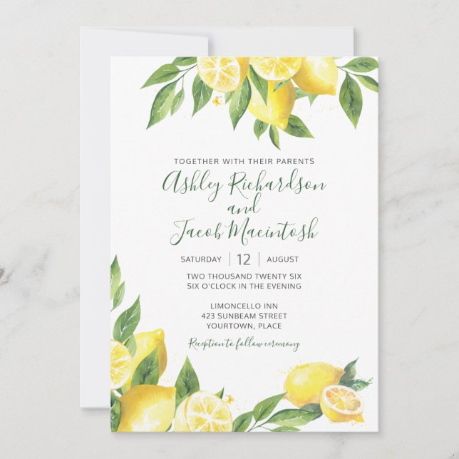 Invitación Boda de color de agua limón (Anverso)
