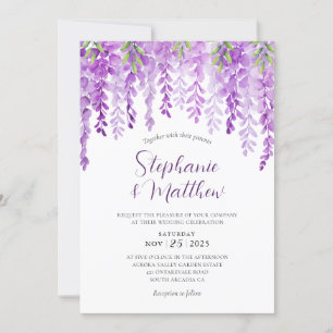 Invitación Boda de color de agua morado de la glicinia floral