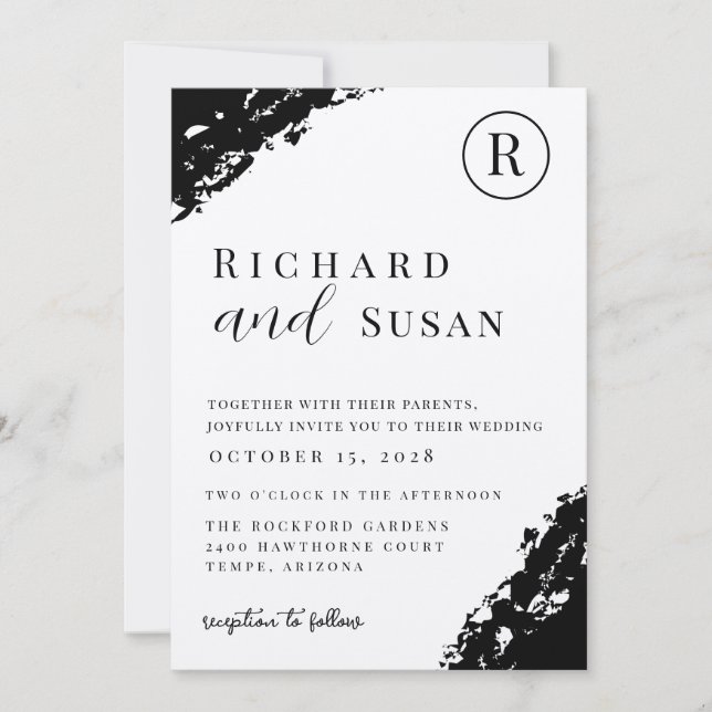 Invitación Boda de color de agua negro (Anverso)