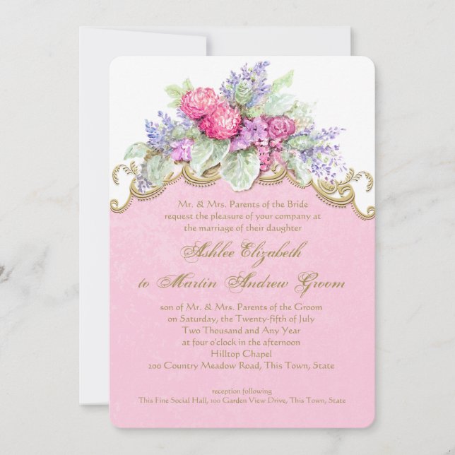 Invitación Boda de color de agua rosa (Anverso)