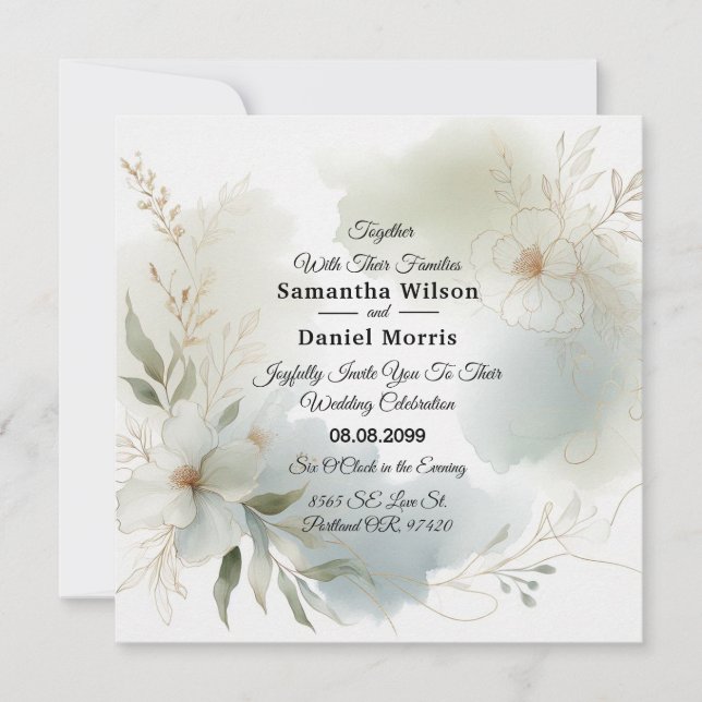 Invitación Boda de color de agua suave azote verde (Anverso)