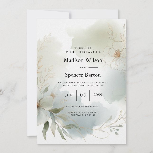 Invitación Boda de color de agua suave azote verde (Anverso)