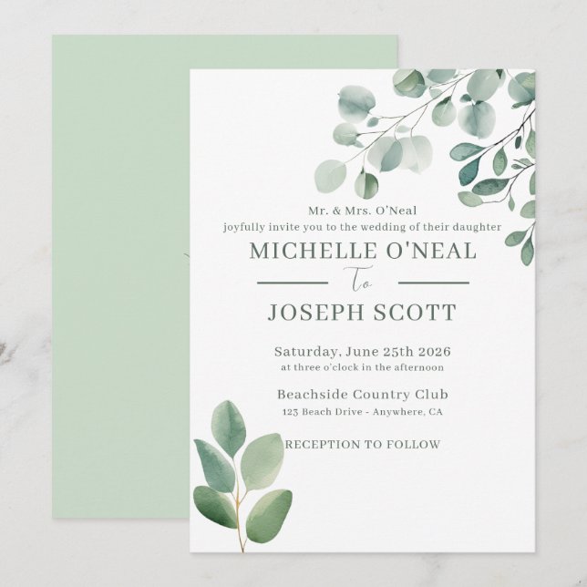 Invitación Boda de color de agua verde Eucalyptus Sage (Anverso / Reverso)
