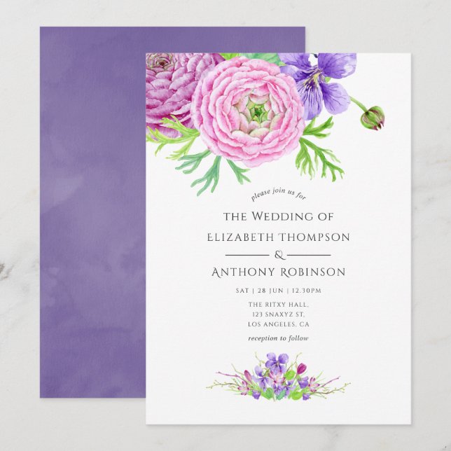 Invitación Boda de color de agua violeta (Anverso / Reverso)