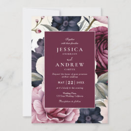 Invitación Boda de color morado floral de ciruela borgoñona