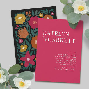 Invitación Boda de color negro con flor magenta de tipo senci